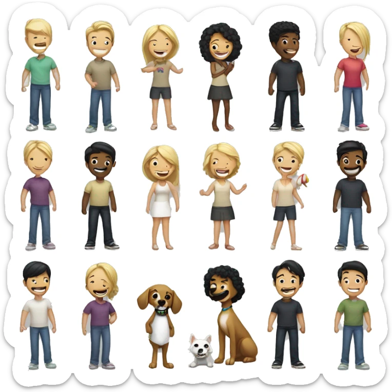 Gay couple, 1 Latino black hair man and 1 Australian blonde hair girl with a dog in the middle laughing full body sticker