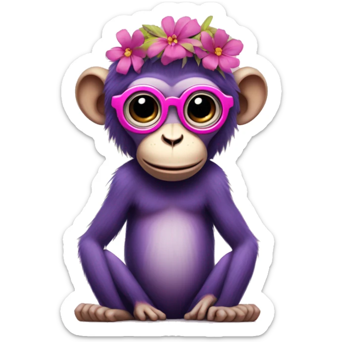 A purple monkey with no legs just arms and wearing a pink and yellow flower crown with circle glasses  sticker