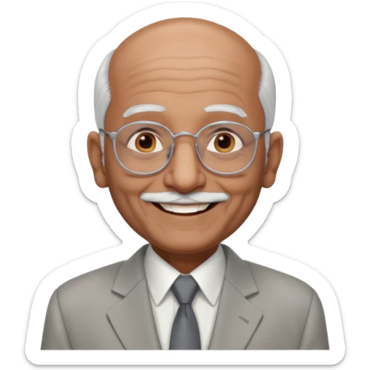 70 yr old indian man, almost bald, some white hair, light grey business suit, big smile, dark brown skin, no moustache, dark brown eyes, glasses
 sticker