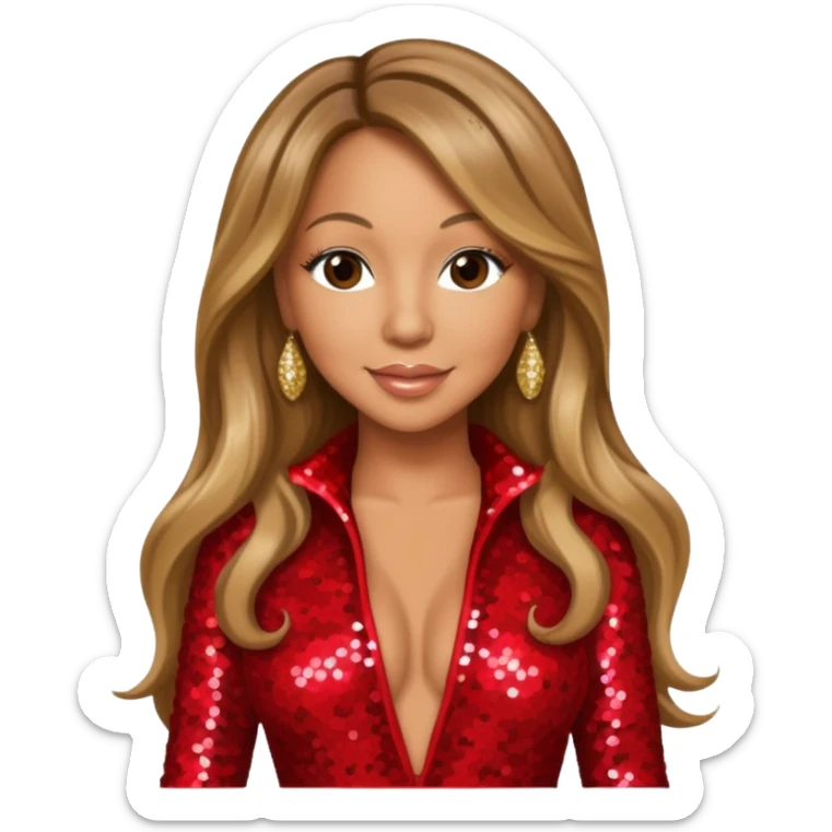 Mariah Carey with long dark blonde hair, red sequin jumpsuit sticker