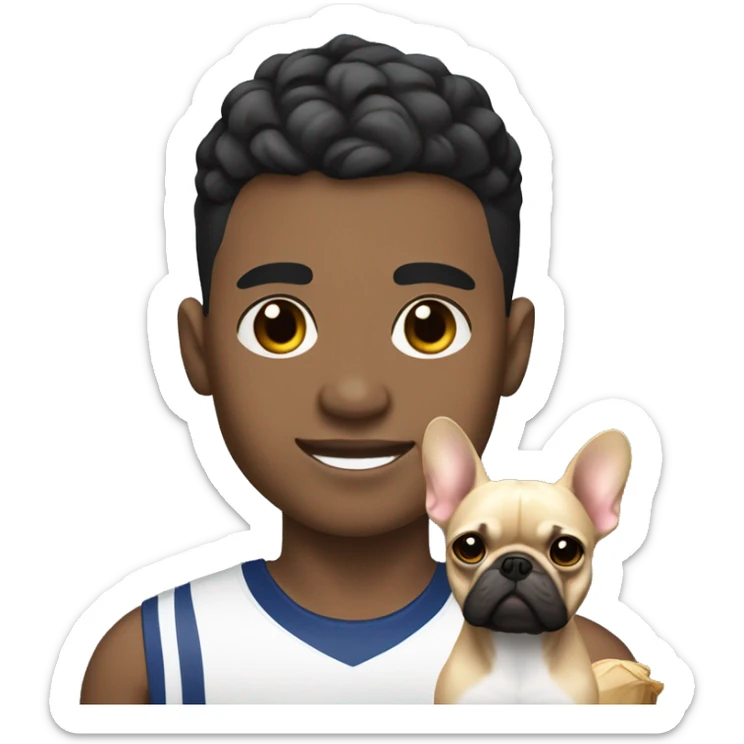 athletic light skin male with really short black fade hairstyle holding a french bulldog sticker