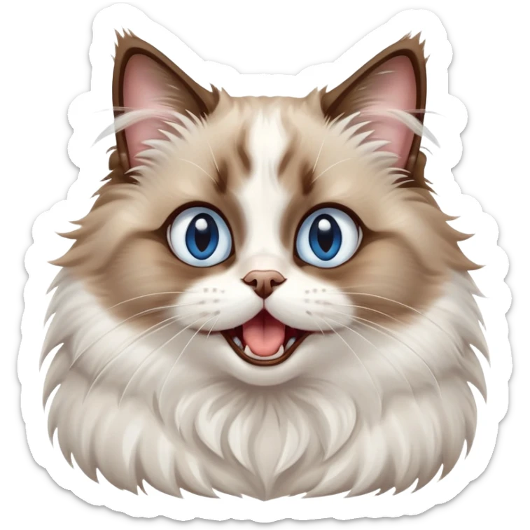 cinematic-adorable-big-eyed-fluffy-brown and white ragdoll-cat-portrait-emoji,-head-tilted-playfully-with-a-cute,-yawn,-soft-brown-and white-colored-fur-with-darker-points-on-the-ears,-simplified-yet-irresistibly-cute-features, sparkling blue eyes sticker