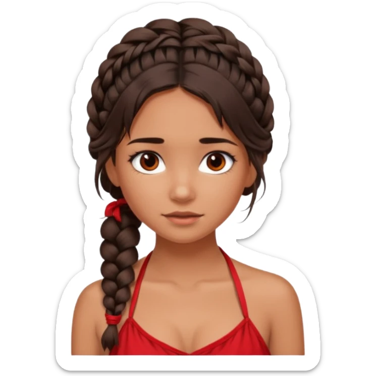 A tanned girl's face Over-the-shoulder messy braid dark brown hair with red halter top sticker