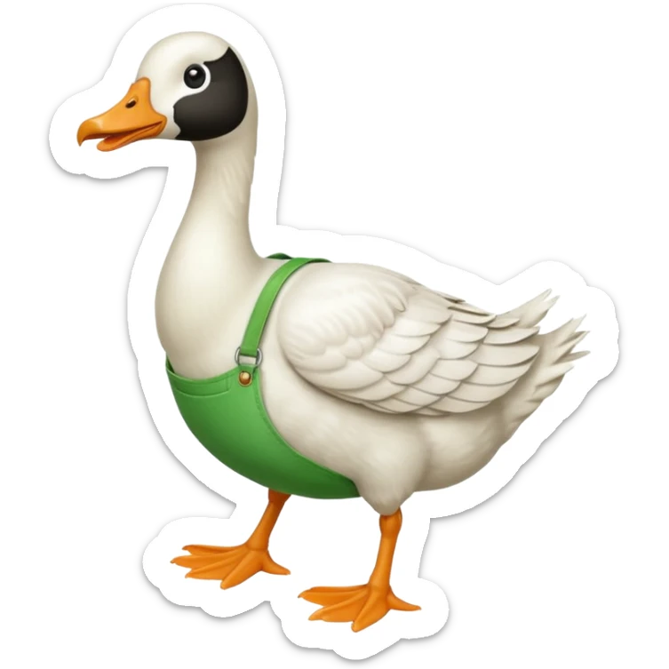 "Emoji of a white running goose with a very long neck and two legs. The goose wears bright green dungarees." sticker
