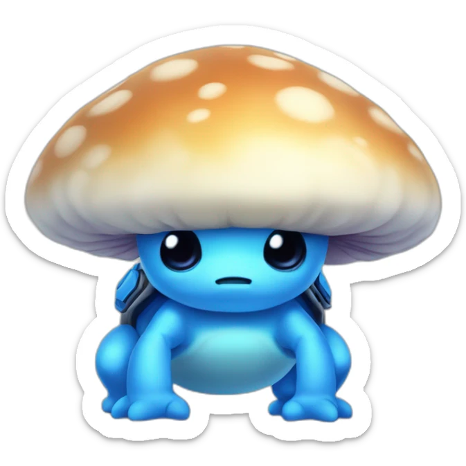 Cute blue mushroom cap no stem turtle standing on to legs cute with guns and massive muscles and big forehead  sticker