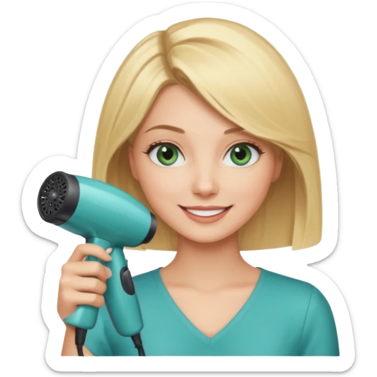 Blonde bob girl hair stylist with blue green eyes holding a hair dryer sticker