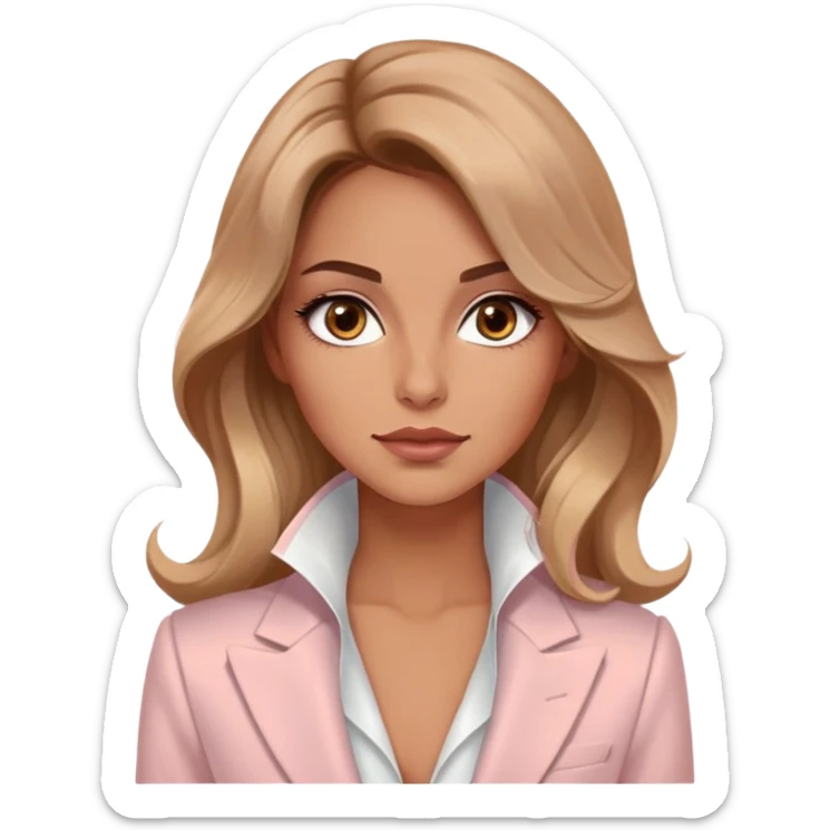 A 30-year-old woman with tanned skin, light brown long wavy hair, delicate face, almond-shaped eyes with smoky foxy eye makeup, brown eyes, wearing a light pink blazer and white satin cowl neck blouse with thin straps sticker