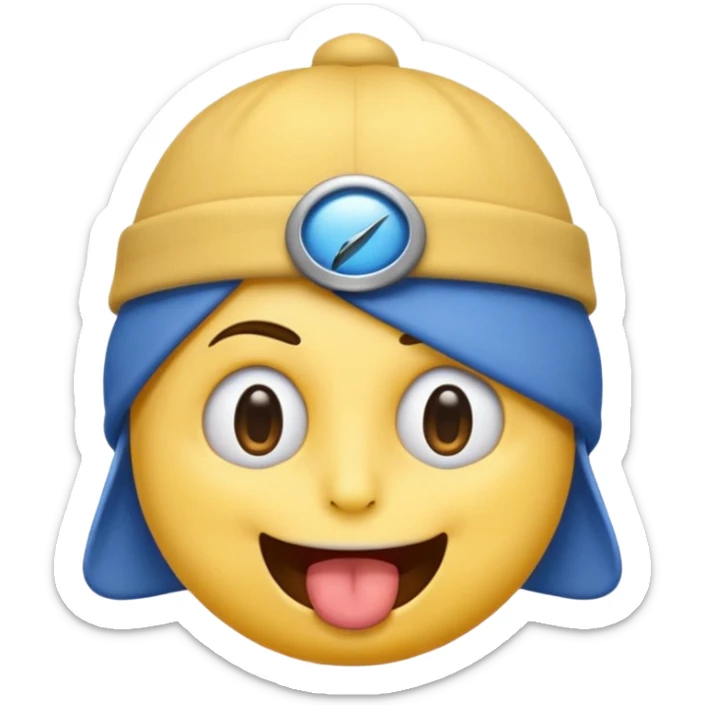 An emoji with a blue hat on its head and 1 blink and tongue sticking out sticker