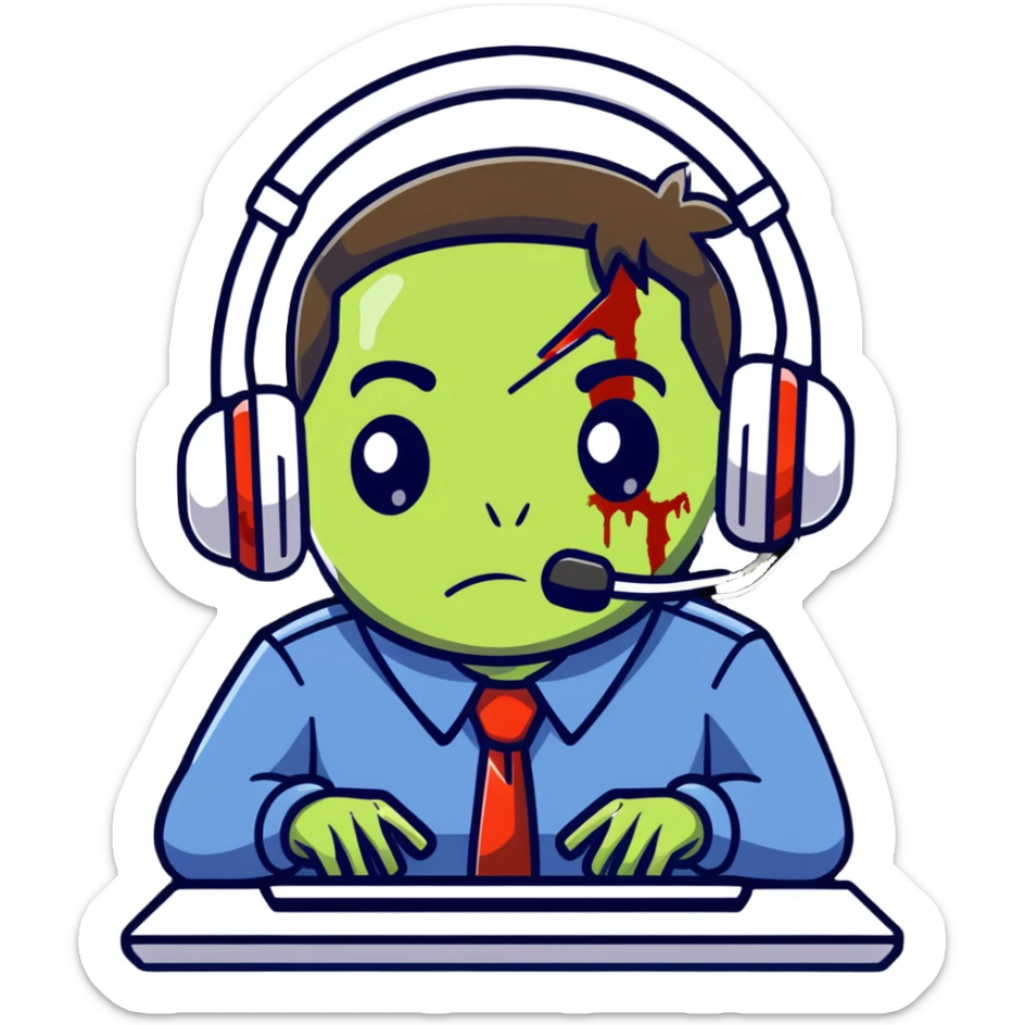 zombie call center employee with headphones, torn uniform, and dead eyes sticker