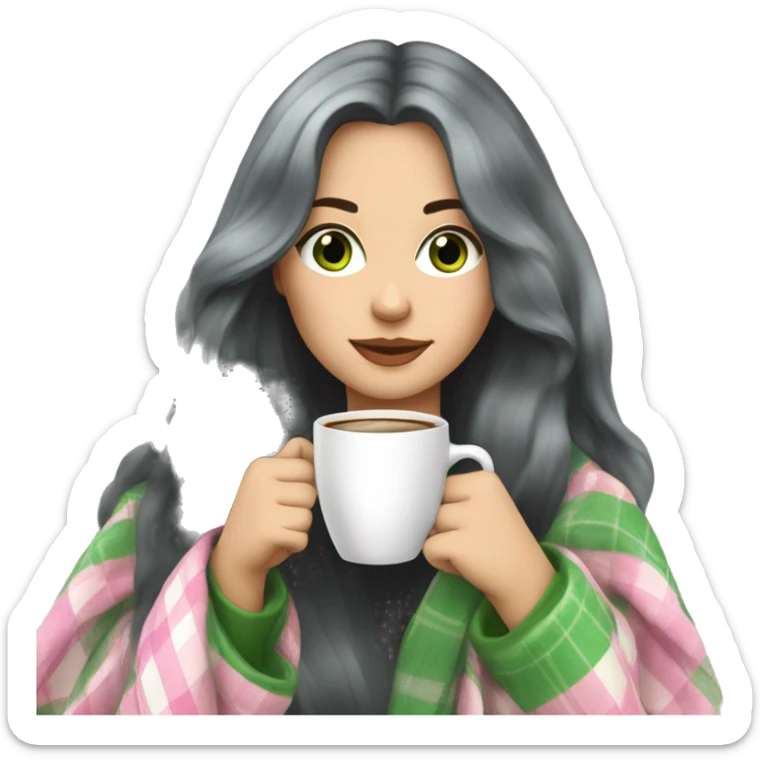 A pretty white woman with long black hair and green eyes wrapped in pastel pink plaid blanket drinking coffee sticker