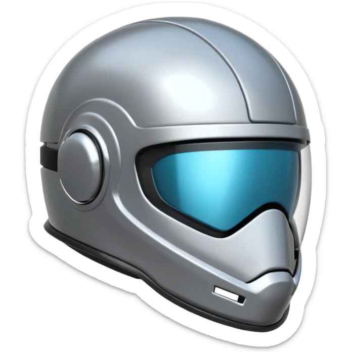 A futuristic helmet emoji made of silver chrome, smooth aerodynamic shape, minimal visor detail, reflective metallic surface, sci-fi aesthetic, iOS emoji style, centered on clean white background sticker