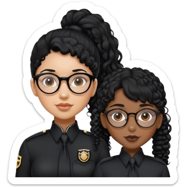 femme pilote d'avion en uniforme noir aux cheveux bouclés noir et petites lunettes arrondis identique avec des cheveux très long et la peau noir mais légèrement plus claire avec une queue de cheval sticker