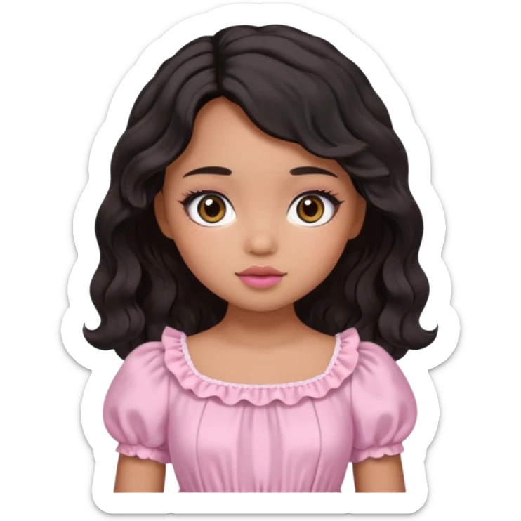 Tan skin girl, brown Asian eyes, black soft wevy hair, doll  beabadoobe makeup, baby pink Victoria dress  sticker