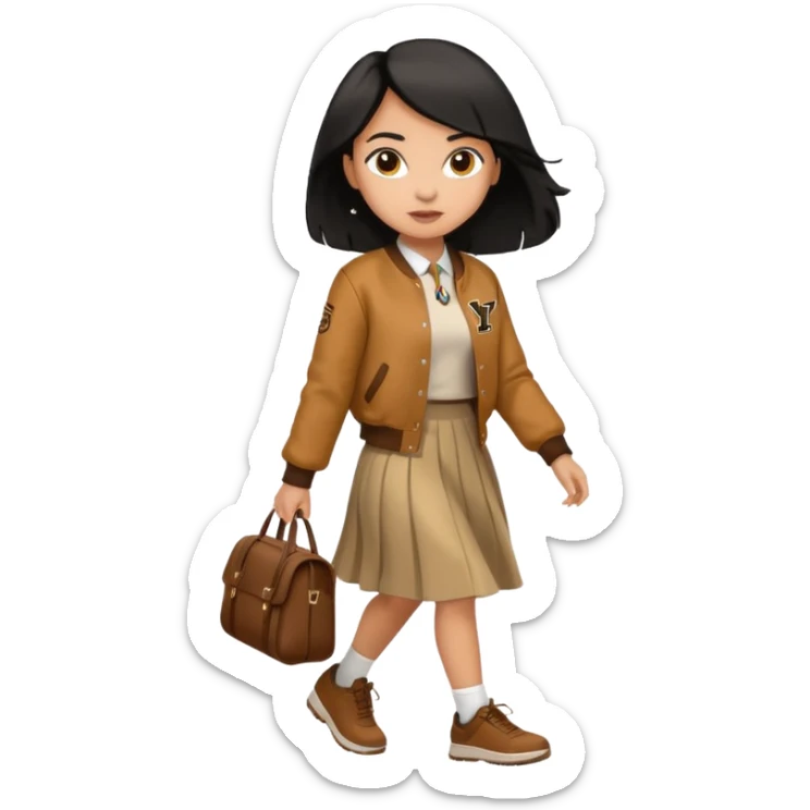 black color hair, light skin long hair girl with brown varsity jacket and long skirt walking

 sticker