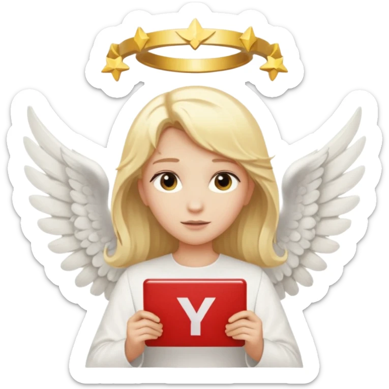 "An angel emoji with blonde hair, a halo, wings, holding a 'COMPARTILHAR' sign in bold letters." sticker