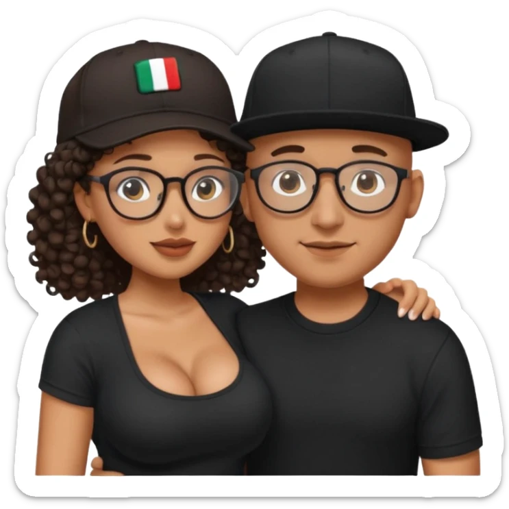 A picture of an embracing tanned couple. the man is a Mexican man with tanned skin, with a bald hair cut wearing a SnapBack hat and a black shirt. the woman is mixed, she has curly longer dark brown hair, thicker and with big boobs and she has glasses sticker