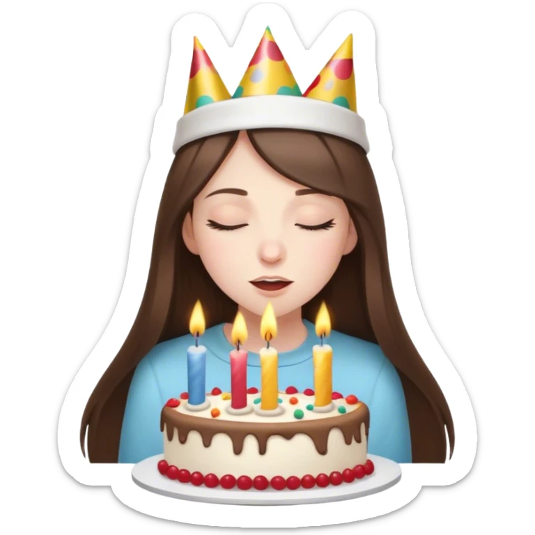  beautiful pale brunette girl with long hair with birthday cap blow out the candles on her birthday cake eyes closed sticker