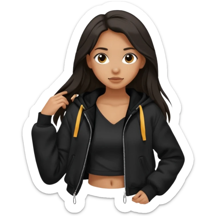  Siyah uzun saçlı ceket giyen esmerimsi kız fazla esmer değil siyah ceket  polar ceket ceket gevşek biraz omzundan çıkıyormuş gibi ve bugday ten rengi soltaraftaki omzundan çıkık sadece içinde de siyah crop var crop omzundan bağlı ve sadece sol omzundan gevşek ceket  sticker