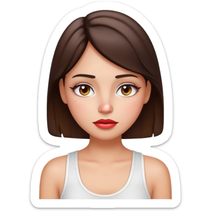 “Emoji brunette girl white tanktop, dewy skin, heavy blush across cheeks and nose bridge, glossy cherry lips, soft eyeliner, teary sparkling eyes like hanni from new jeans sticker