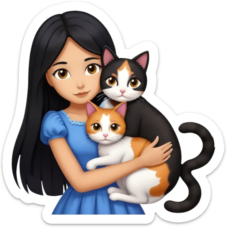 A beautiful girl with long black hair wearing a dress hugs a cat of three colors sticker