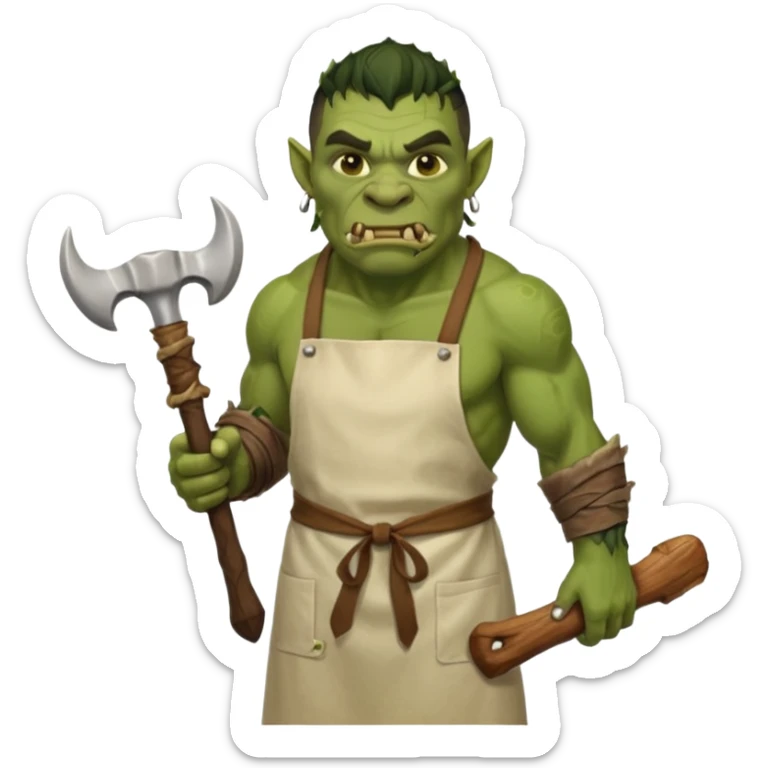 orc male Apron with "Kiss the Cook" (scratched out, replaced with "Fear the Cook"), giant rib bone as a weapon. sticker