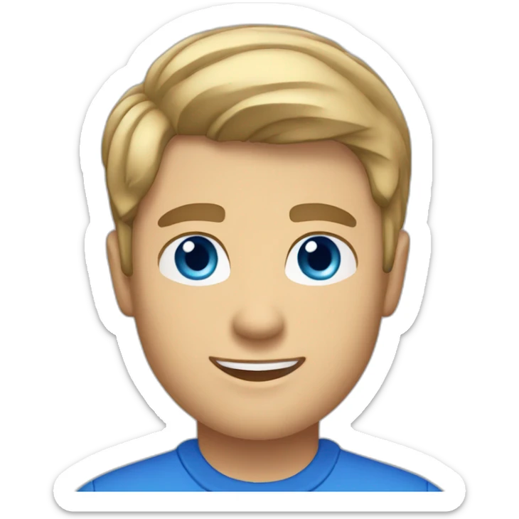 caucasian male, short dark blonde hair, blue eyes, blue polo shirt, dimples sticker
