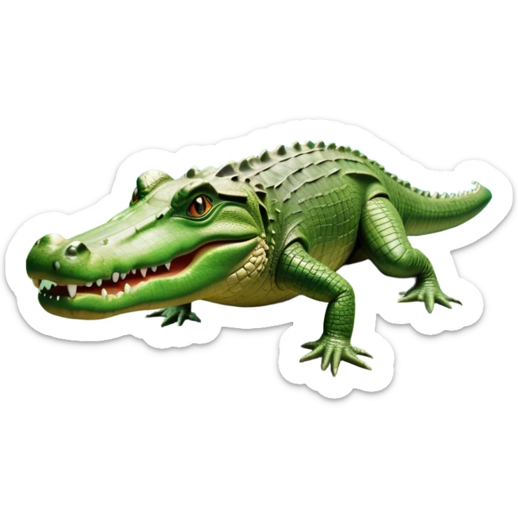 cinematic-crocodile-realistic-full-body-on all fours-emoji,-massive-scaled-body-partially-submerged-in-shallow-water,-head-tilted-dramatically,-rough-green-and-brown-hide-textured-with-deep-ridges,-simplified-yet-realistic-focused-features, head held high sticker