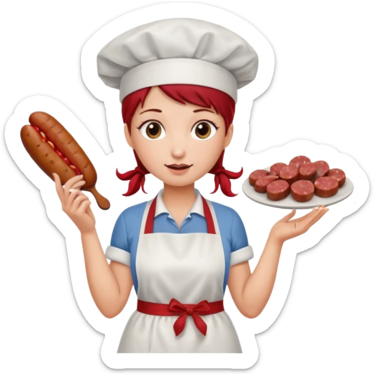 Charcutera con un chorizo y embutido en la mano con una redecilla en el pelo y delantal blanco y añade mucha carne alrededor sticker