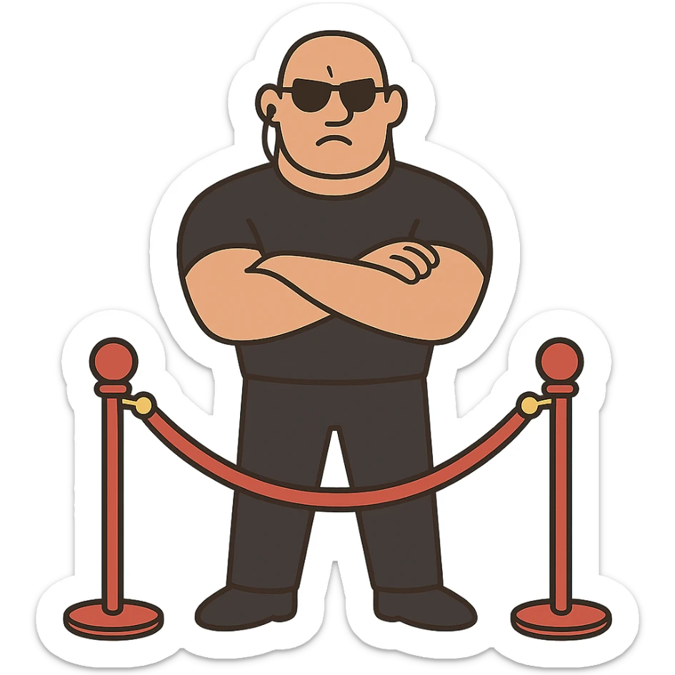flat toon style illustration of a bouncer at a velvet rope, representing gatekeeping sticker