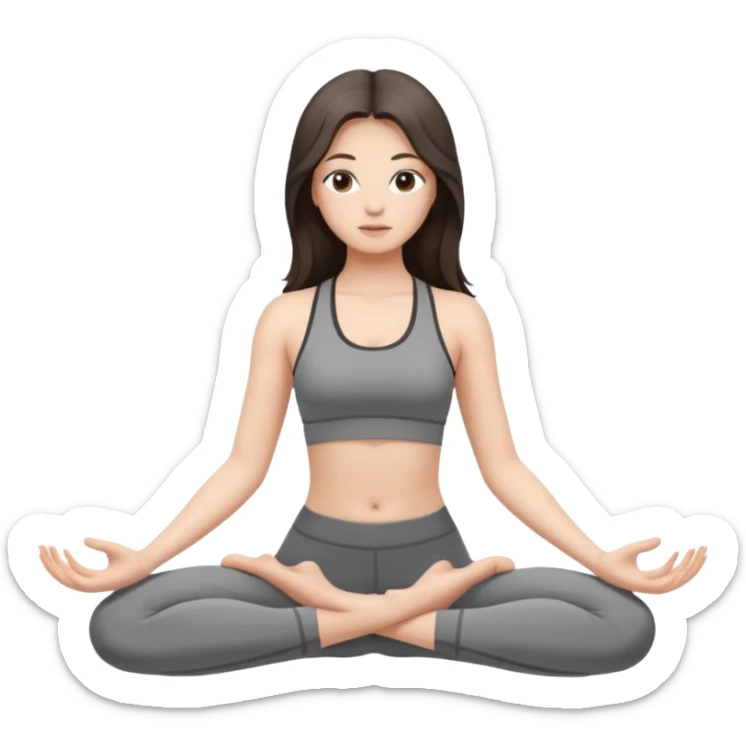 a brunette girl doing yoga, she is wearing a grey fit and she has dark long and loose hair.  sticker