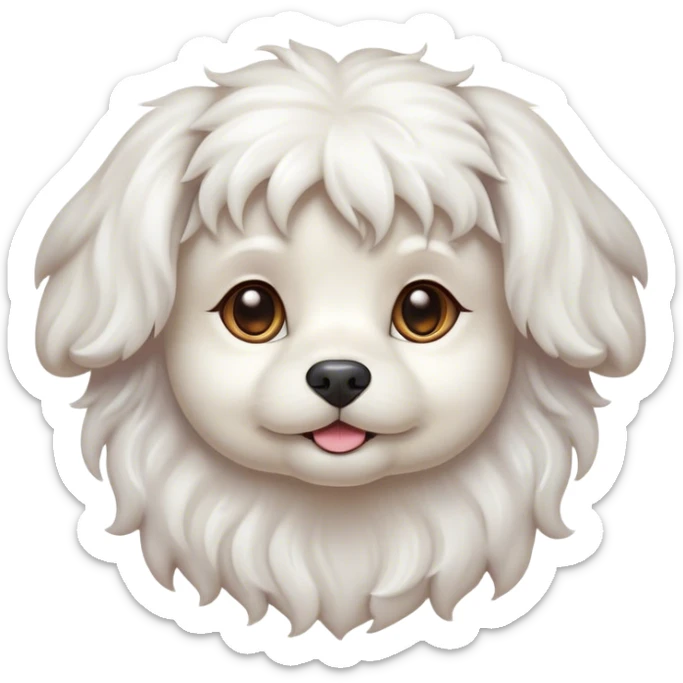 Cinematic Cute Wavy-Haired Maltese dog Portrait Emoji, Head tilted playfully and inquisitively, featuring a luxurious, wavy-haired white coat with a healthy sheen, round, sparkling dark eyes filled with curiosity, Simplified yet irresistibly adorable features, highly detailed, glowing with a warm, friendly glow, high shine, affectionate and lively, stylized with a touch of whimsy, bright and endearing, soft glowing outline, capturing the essence of a mischievous yet loving companion, so playful it feels like it could scamper out of the screen and into your arms! sticker
