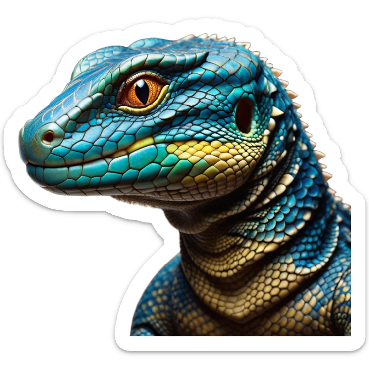 Cinematic Noble Monitor Lizard Portrait Emoji, Poised and regal, with a robust, scaled body exhibiting striking, mottled patterns and piercing, alert eyes, Simplified yet sharp and sophisticated features, highly detailed, glowing with a soft, earthy glow, high shine, intelligent and formidable, stylized with an air of ancient wilderness, focused and commanding, soft glowing outline, capturing the essence of a watchful and confident reptilian guardian that appears ready to stride out of the screen with effortless authority! sticker