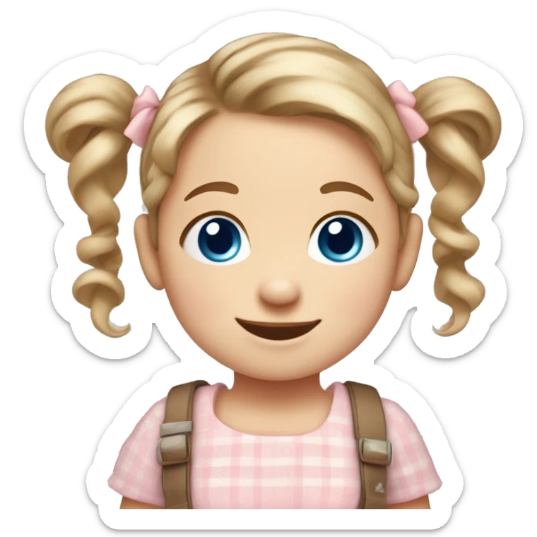 A toddler girl with 2 tiny pig tails on top of her hair with tiny bows, fair skin, blue eyes, light brown hair, smiling, wearing a pastel shirt sticker