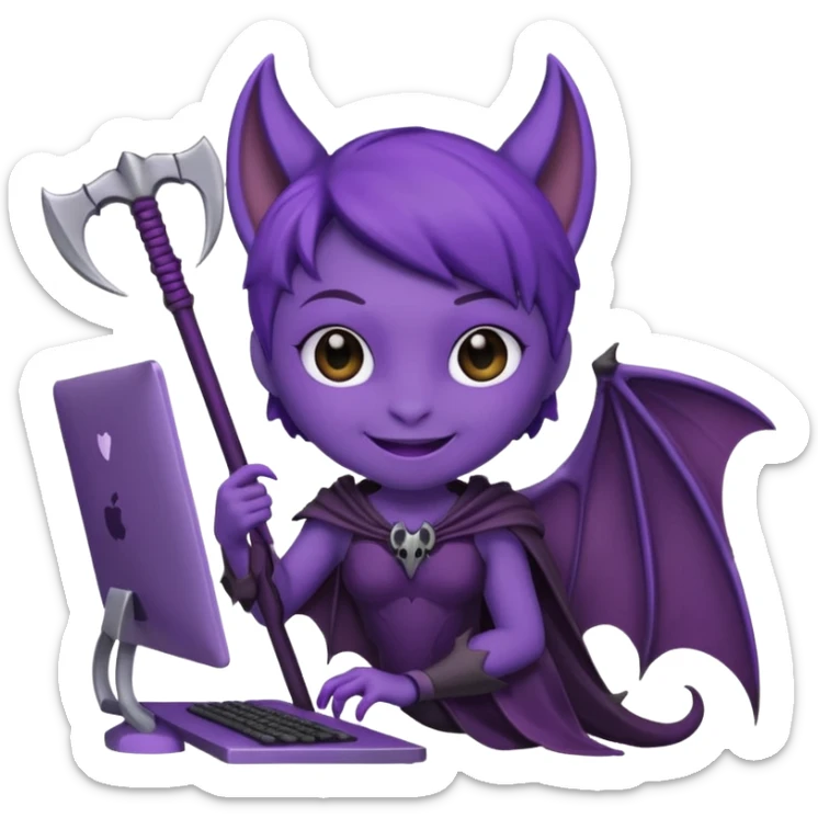 a happy purple girlie bat holding a scythe while sitting in front of her computer sticker