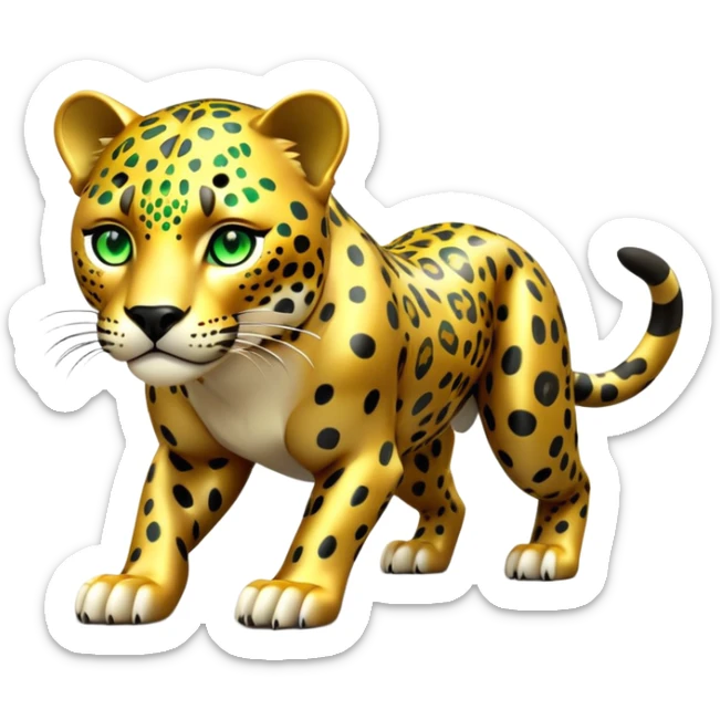 cinematic-jaguar-realistic-full-body-on all fours-emoji,-sleek-powerful-frame-poised-for-action,-golden-fur-adorned-with-bold-black-rosettes,-head-tilted-dramatically,-piercing-green-eyes-locked-onto-its-prey,-simplified-yet-realistic-focused-features,-highly-detailed,-glowing-with-an-almost-sarcastic-glow sticker