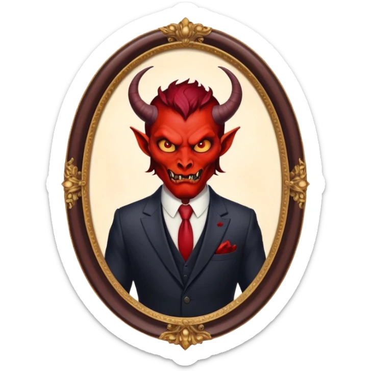oval oil painting in frame, portrait of a demon in a suit sticker