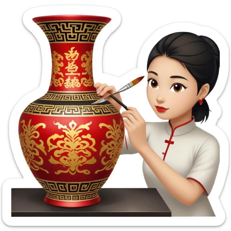 Chinese metal painting icon, process of painting Chinese patterns on a metal vase, visible fine paintbrush in hand, intricate brushstrokes with vibrant red, gold, and black colors, metal surface with detailed designs in progress, minimalistic style, clean lines, transparent background. sticker