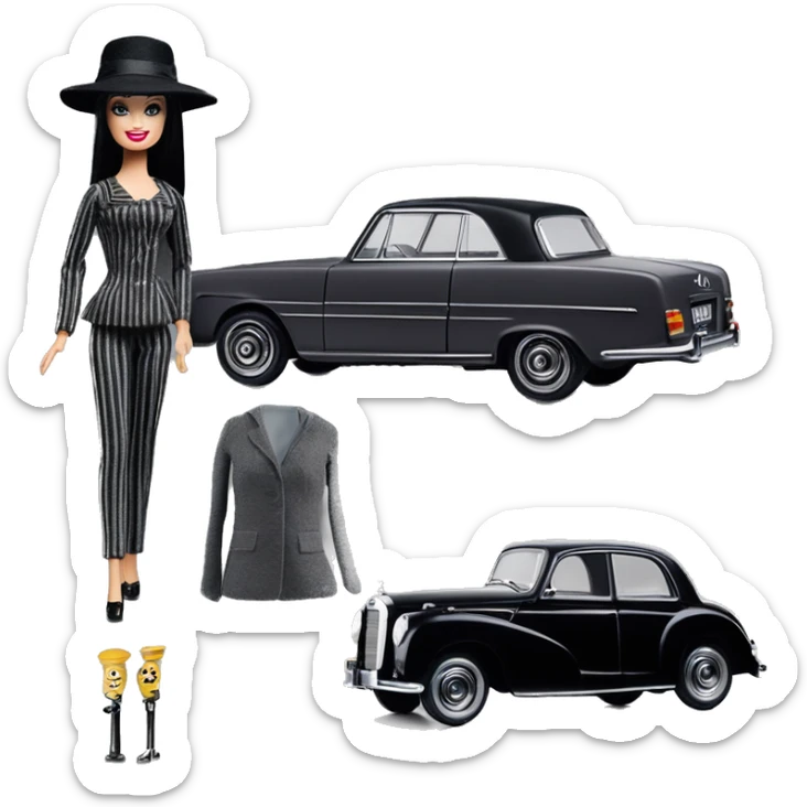 Bouclé Beauty Lingerie Barbie, 1965 Morticia Addams from academy, in dark-gray and black striped outfit with hat. Driving 1965 Mercedes 190 sticker