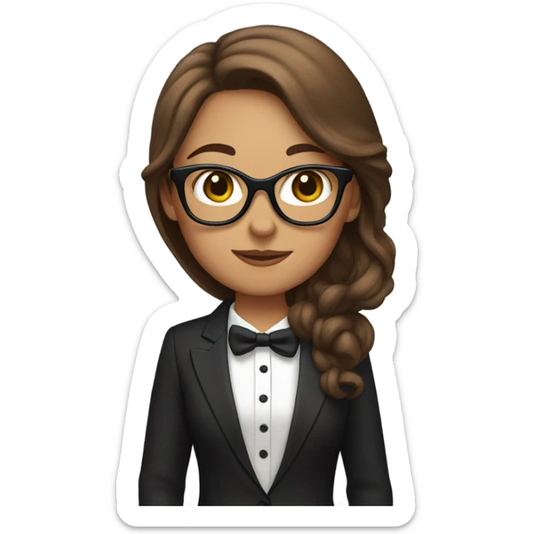 Woman with long brown hair and glasses with tuxedo cat sticker