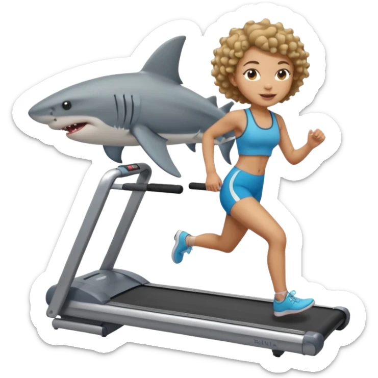 Short Light skin girl with short curly hair riding a shark on a treadmill   sticker