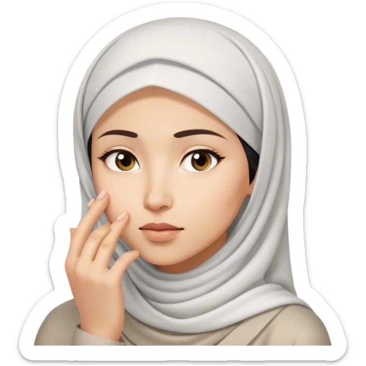 a white asian Muslim woman are thinking something. Her eyes rolling to up right. Her hand touching face. sticker
