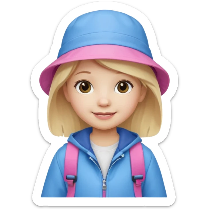 A little girl student white skin, blonde hair, with pink bucket hat, white jacket, blue backpack sticker
