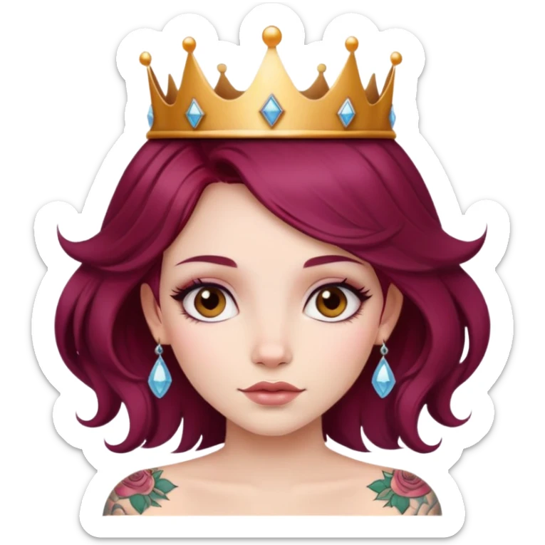 Beautiful tattooed long burgundy haired girl wearing a princess crown sticker