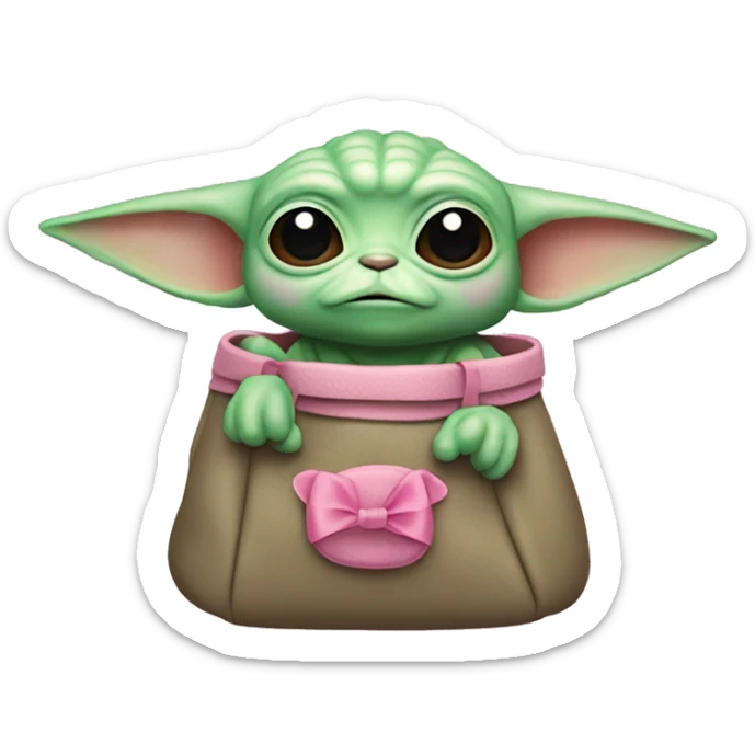 Grogu from star wars (green) with a pink cute ribbon at his ear and a pink bag sticker