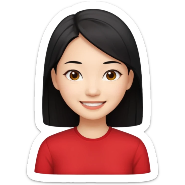 Chinese woman emoji, smiling, black straight hair, red shirt sticker