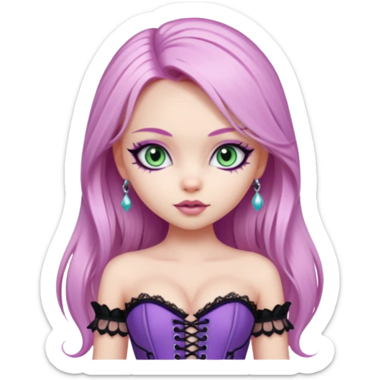 pretty bratz girl, long straight LIGHT pink HAIR, jade kitten eyes, black eyeliner, pale skin, purple corset clothes with laces sticker