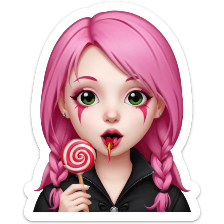 Cute Goth girl with long pink hair licking a lolli sticker