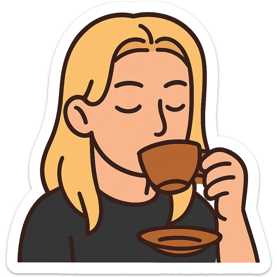 flat toon style emote of a long blonde male sipping tea, no background sticker