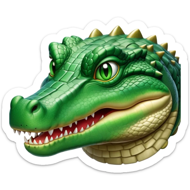 cinematic-noble-crocodile-portrait-emoji,-poised-and-regal,-with-a-powerful,-elongated-build-and-a-rugged,-scaly-emerald-green-hide,-piercing-cold-eyes,-simplified-yet-sharp-and-sophisticated-features,-highly-detailed,-glowing, head held high sticker