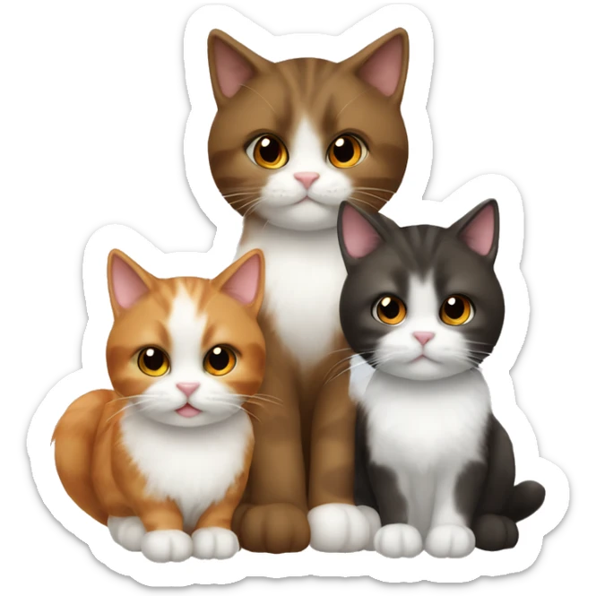 3 cats sitting together, one is brown and fluffy with a white chest, one is orange with a white chin, one is black with a white chin and chest sticker